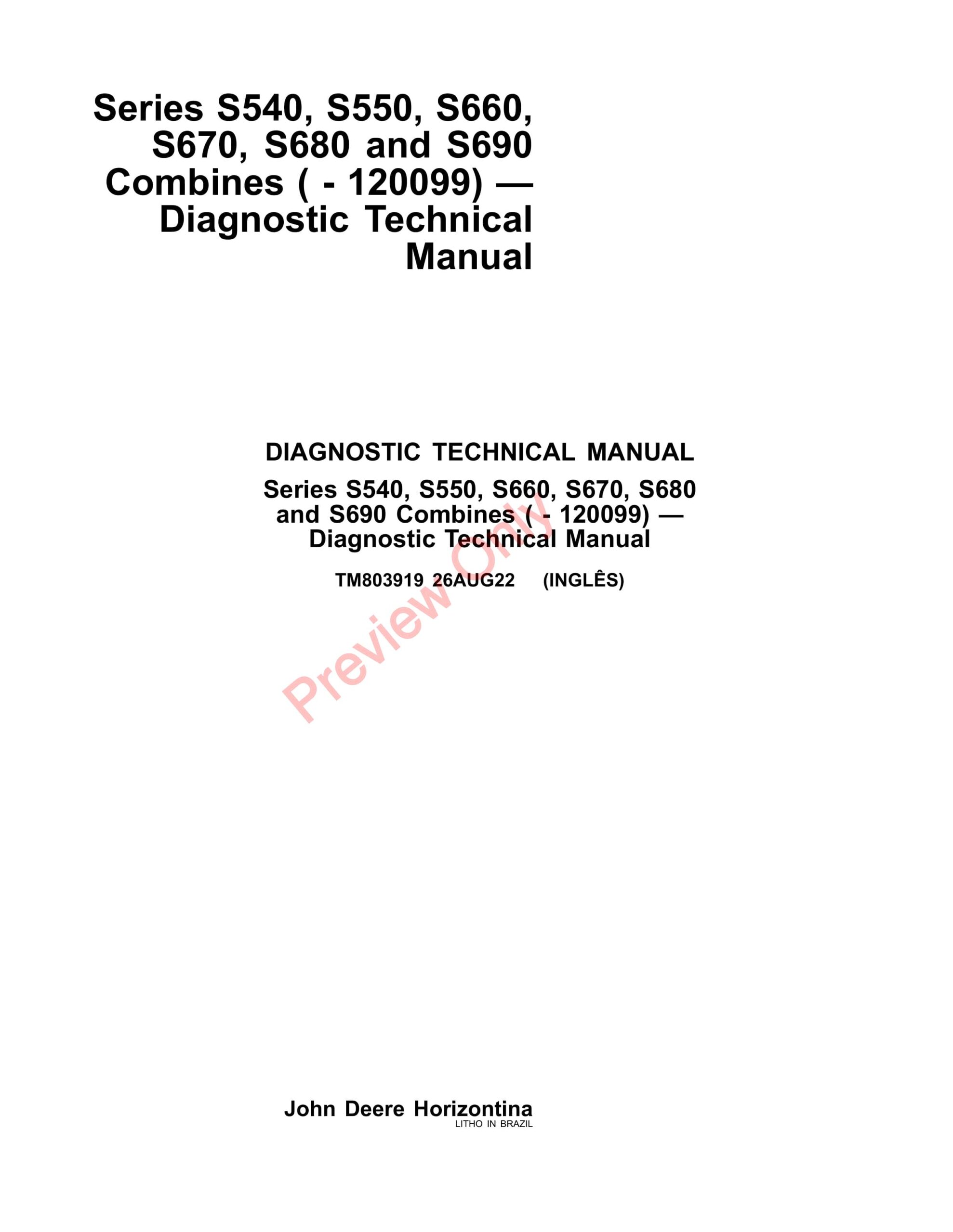 John Deere S540, S550, S660, S670, S680 and S690 Combines Diagnostic Technical Manual TM803919 26AUG22-1