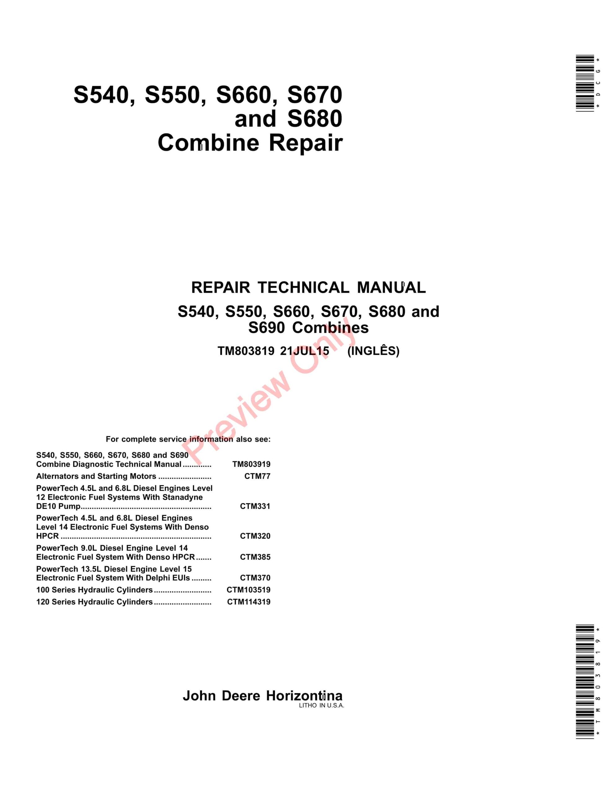 John Deere S540, S550, S660, S670, and S680 Combine Technical Manual TM803819 21JUL15-1