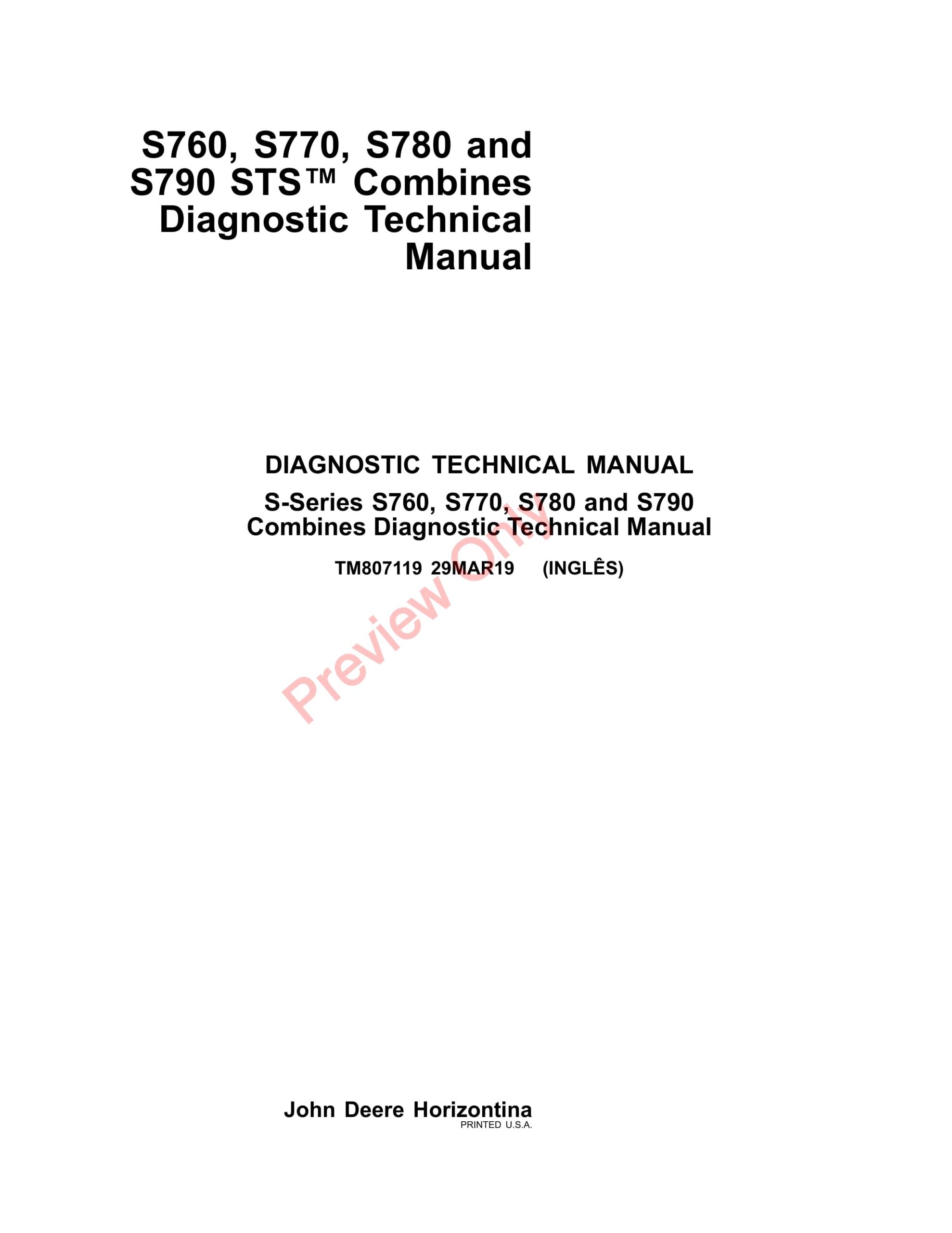 John Deere S760, S770, S780 and S790 Combines Diagnostic Technical Manual TM807119 29MAR19-1