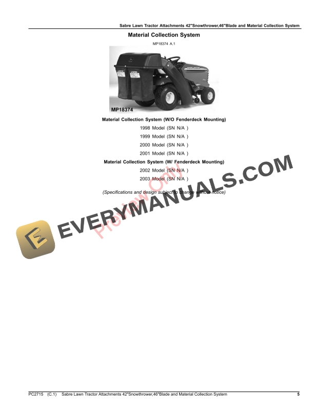 John Deere SABRE LAWN TRACTOR ATTACHMENTS Parts Catalog PC2715 08SEP23