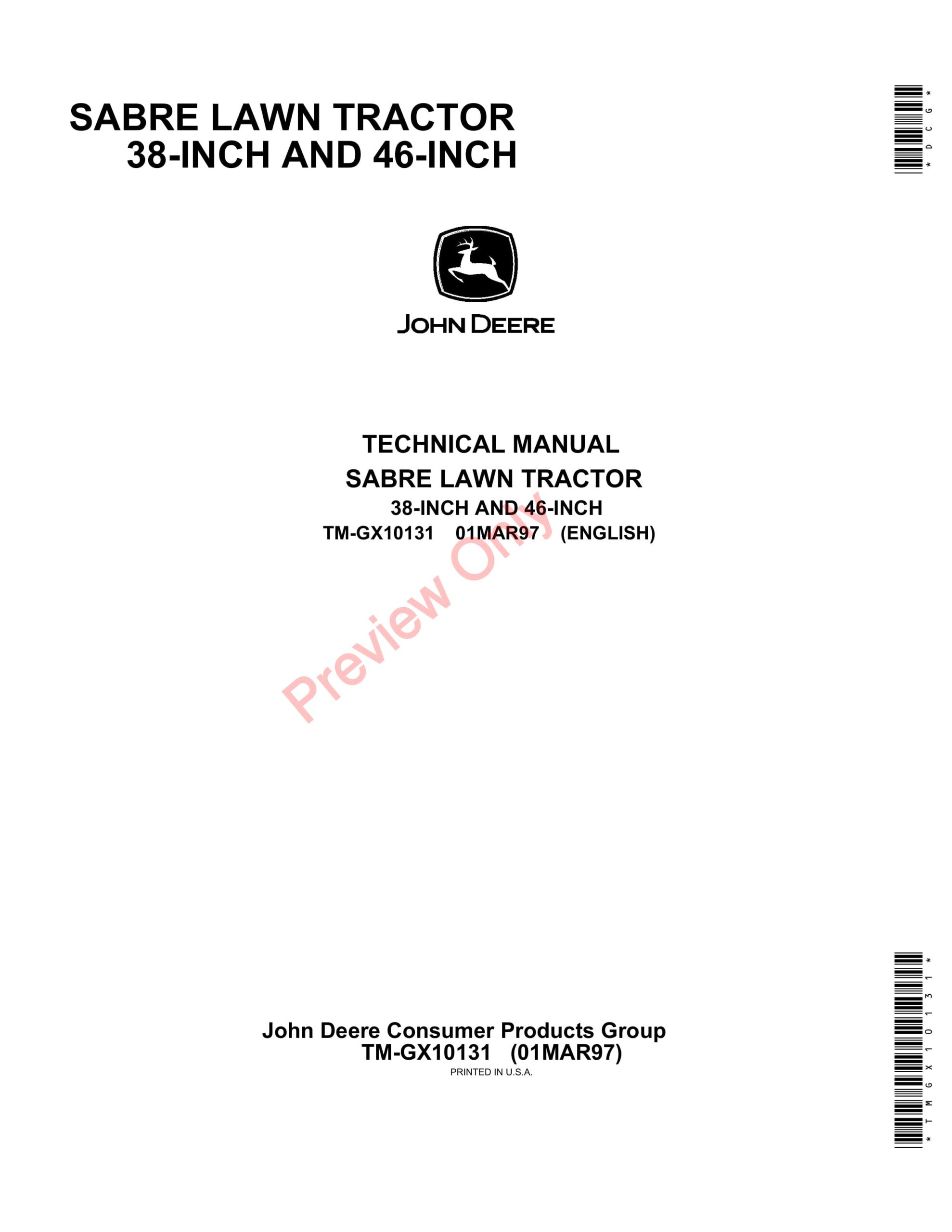 John Deere Sabre Lawn Tractors Technical Manual TMGX10131 01MAR97-1