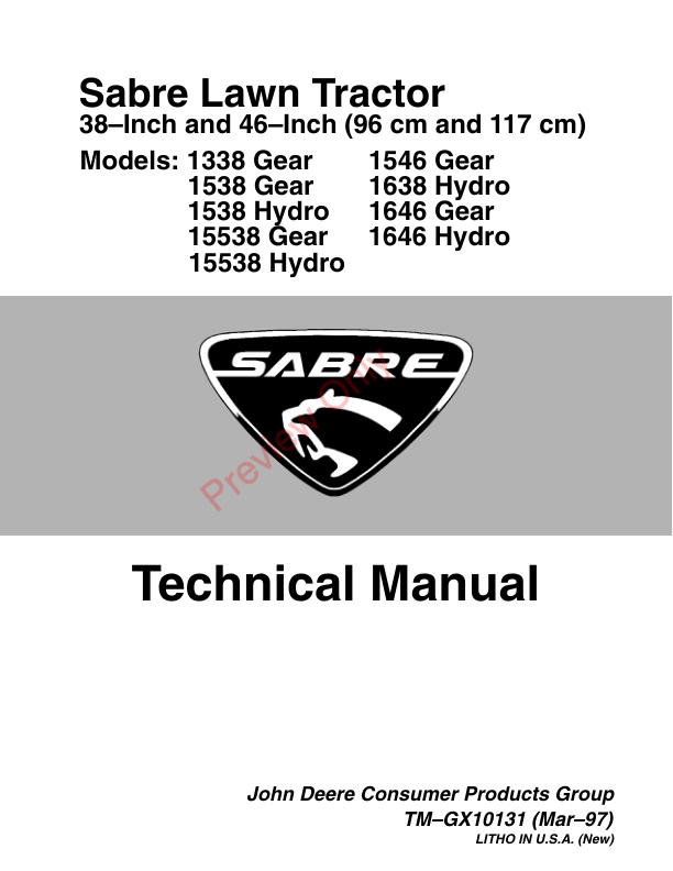 John Deere Sabre Lawn Tractors Technical Manual TMGX10131 01MAR97 3