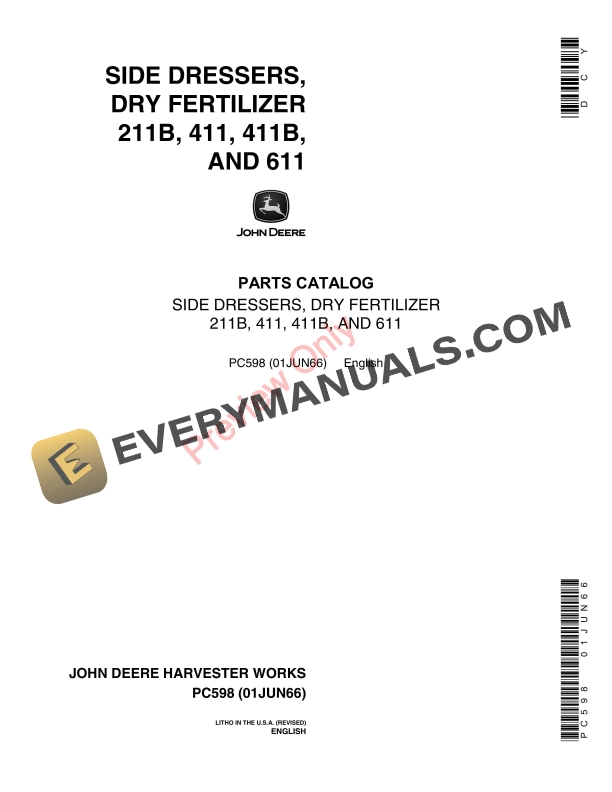 John Deere Side Dressers, Dry Fertilizer 211B, 411, 411B, 611 Parts