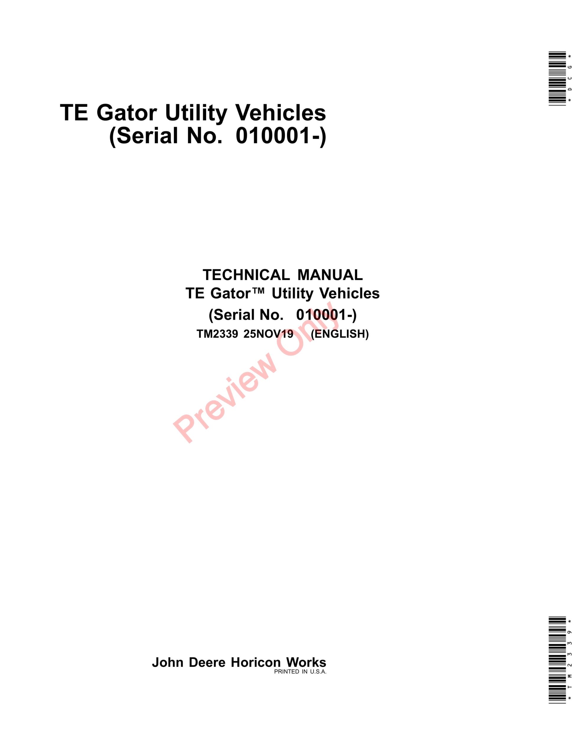John Deere TE Gator Utility Vehicles Technical Manual TM2339 25NOV19-1