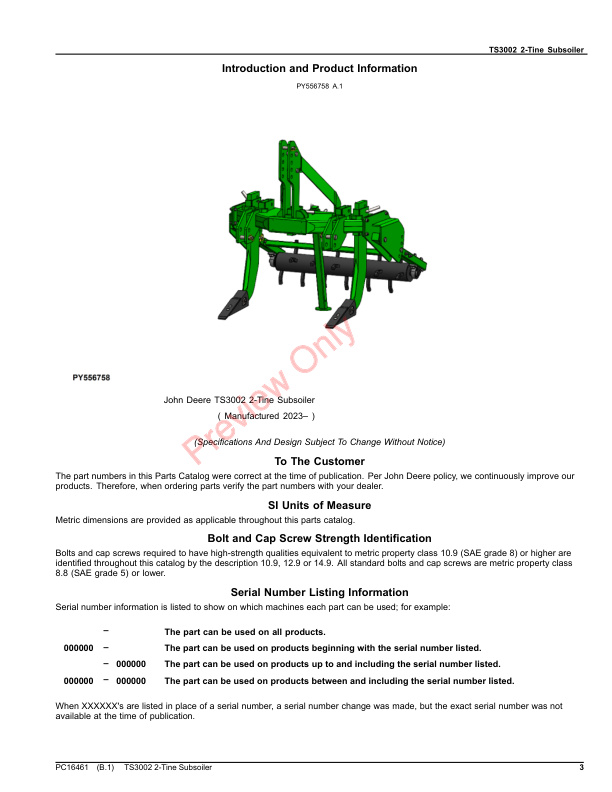 John Deere TS3002 2-Tine Subsoiler Parts Catalog PC16461 10APR23-3