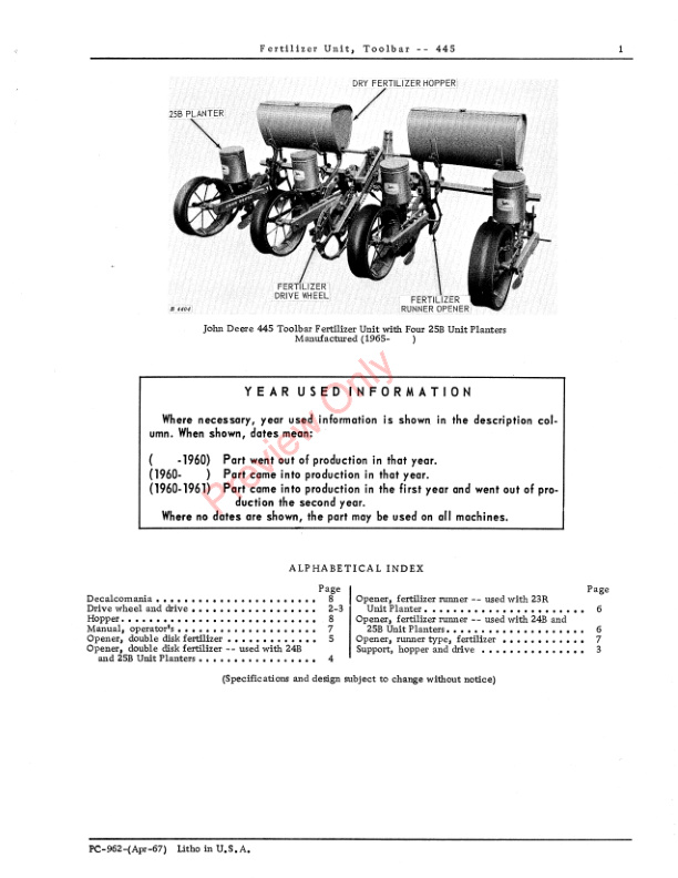 John Deere Toolbar Fertilizer Unit – 445 Parts Catalog PC962 01APR67-3