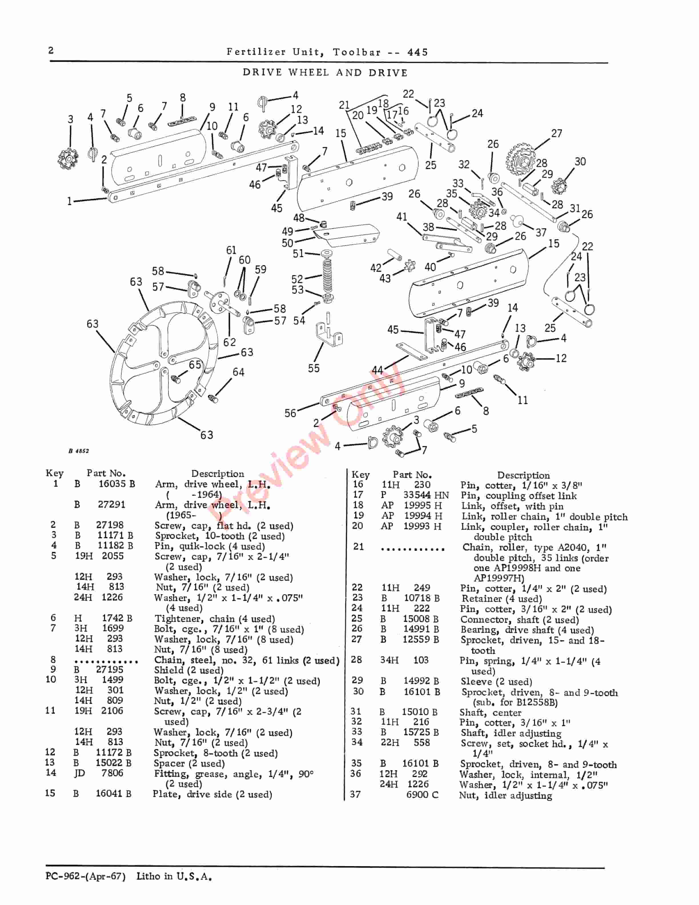 John Deere Toolbar Fertilizer Unit – 445 Parts Catalog PC962 01APR67-4