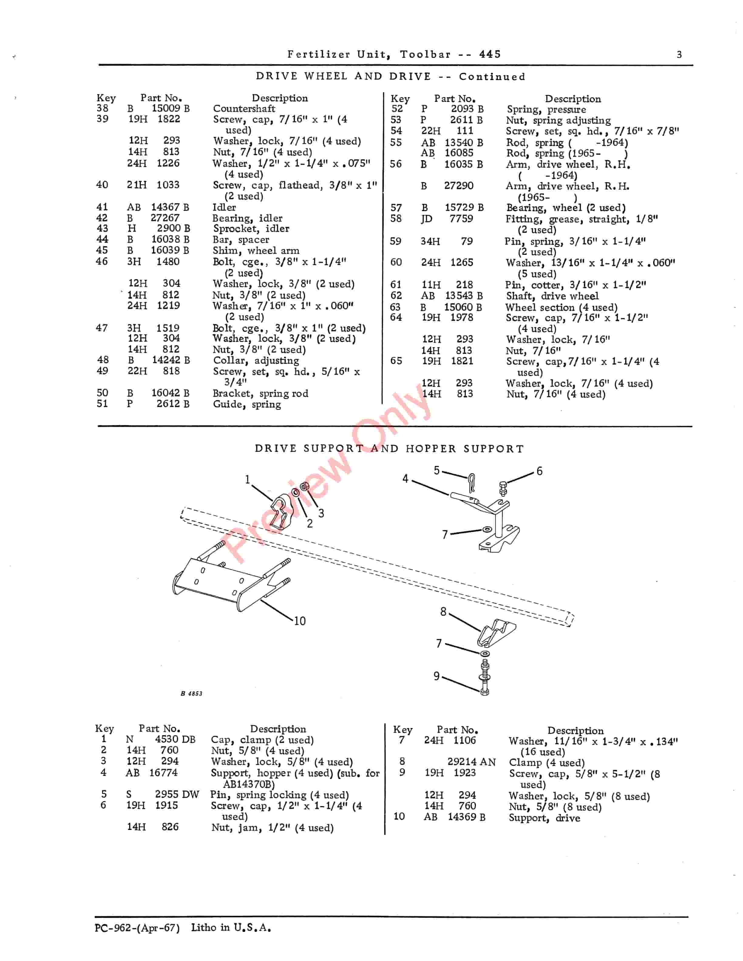 John Deere Toolbar Fertilizer Unit – 445 Parts Catalog PC962 01APR67-5