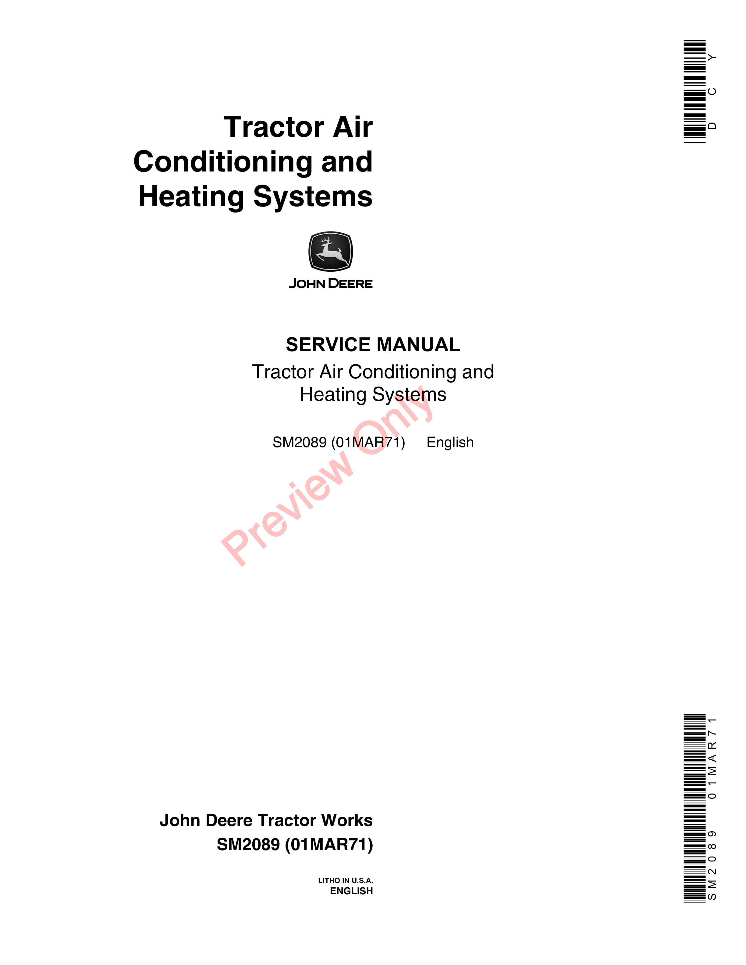 John Deere Tractor Air Conditioner and Heating Systems Service Manual SM2089 01MAR71-1