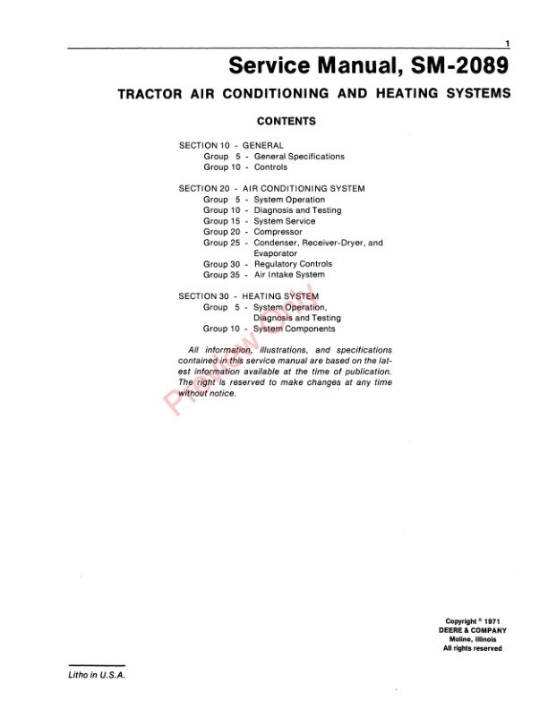 John Deere Tractor Air Conditioner And Heating Systems Service Manual SM2089 01MAR71 3