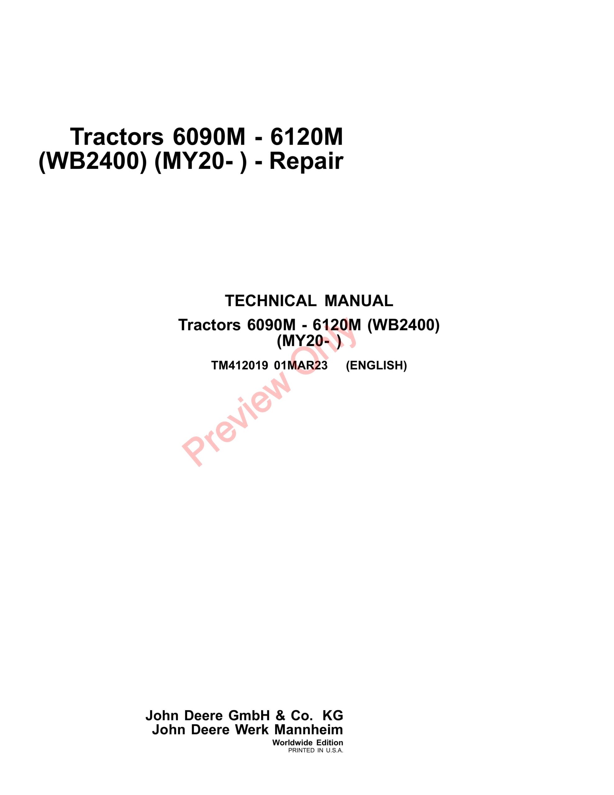 John Deere Tractors 6090M – 6120M (WB2400) (MY20- ) Technical Manual TM412019 01MAR23-1