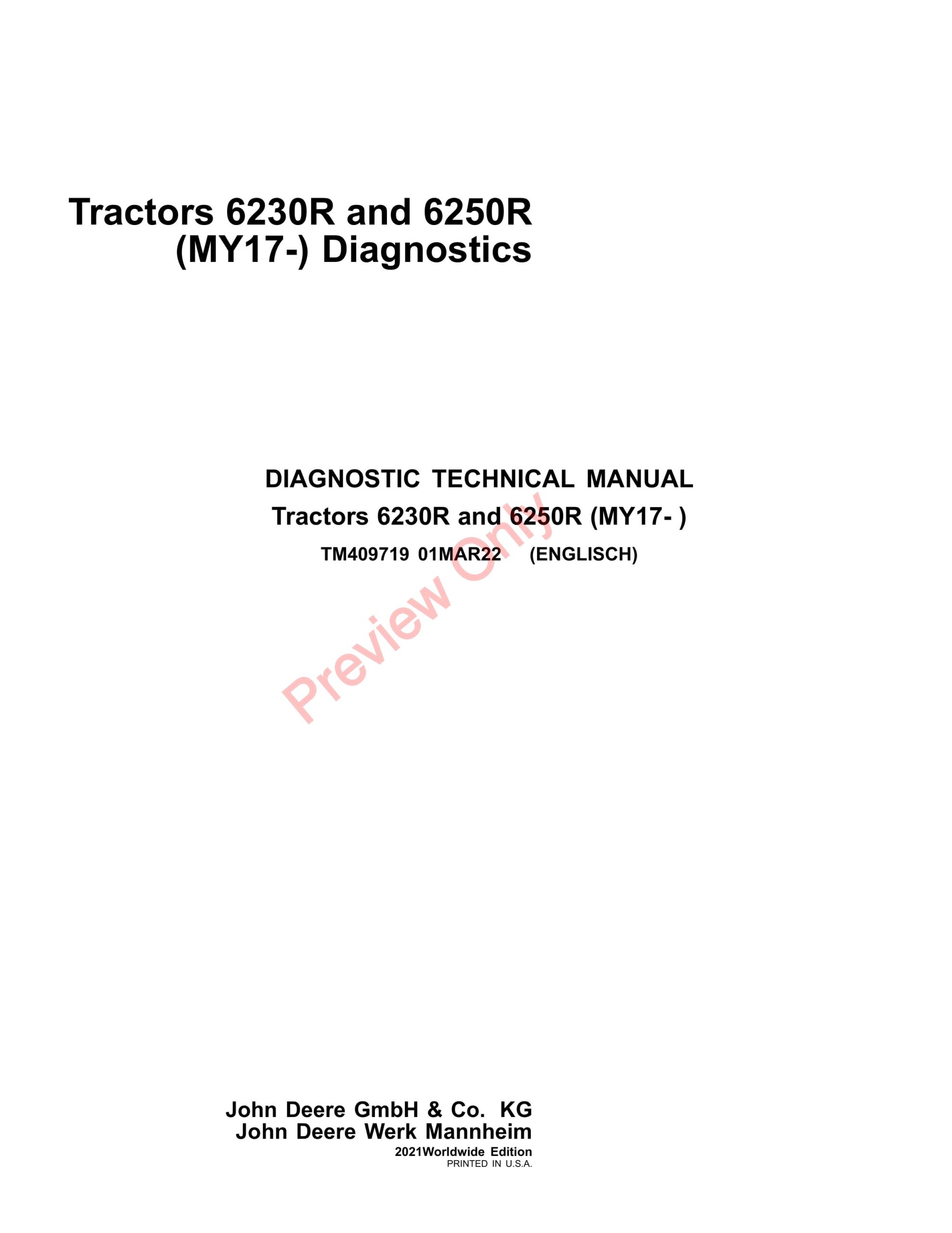 John Deere Tractors 6230R and 6250R (MY17-) Diagnostic Technical Manual TM409719 01MAR22-1