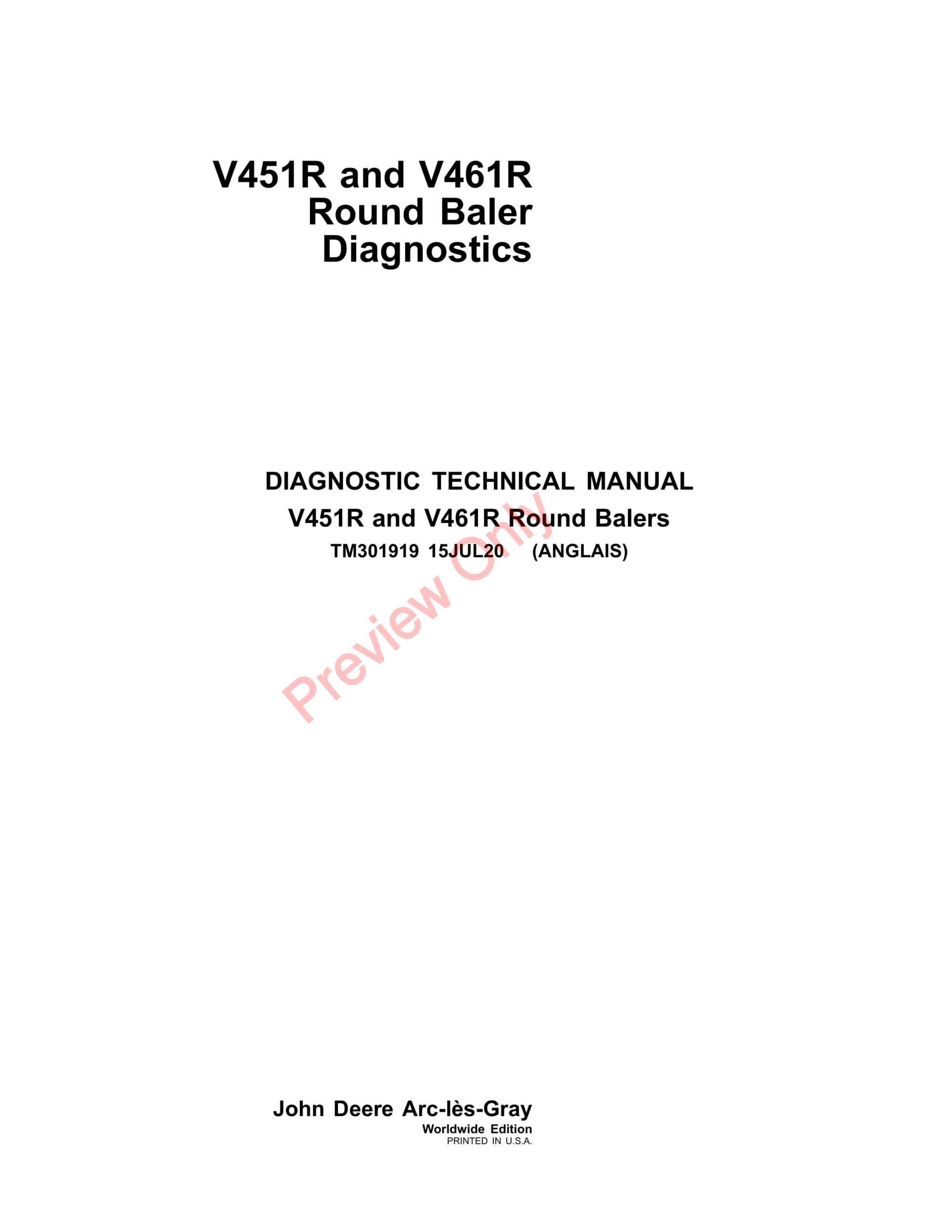 John Deere V451R and V461R Round Balers Technical Manual TM301919 15JUL20-1