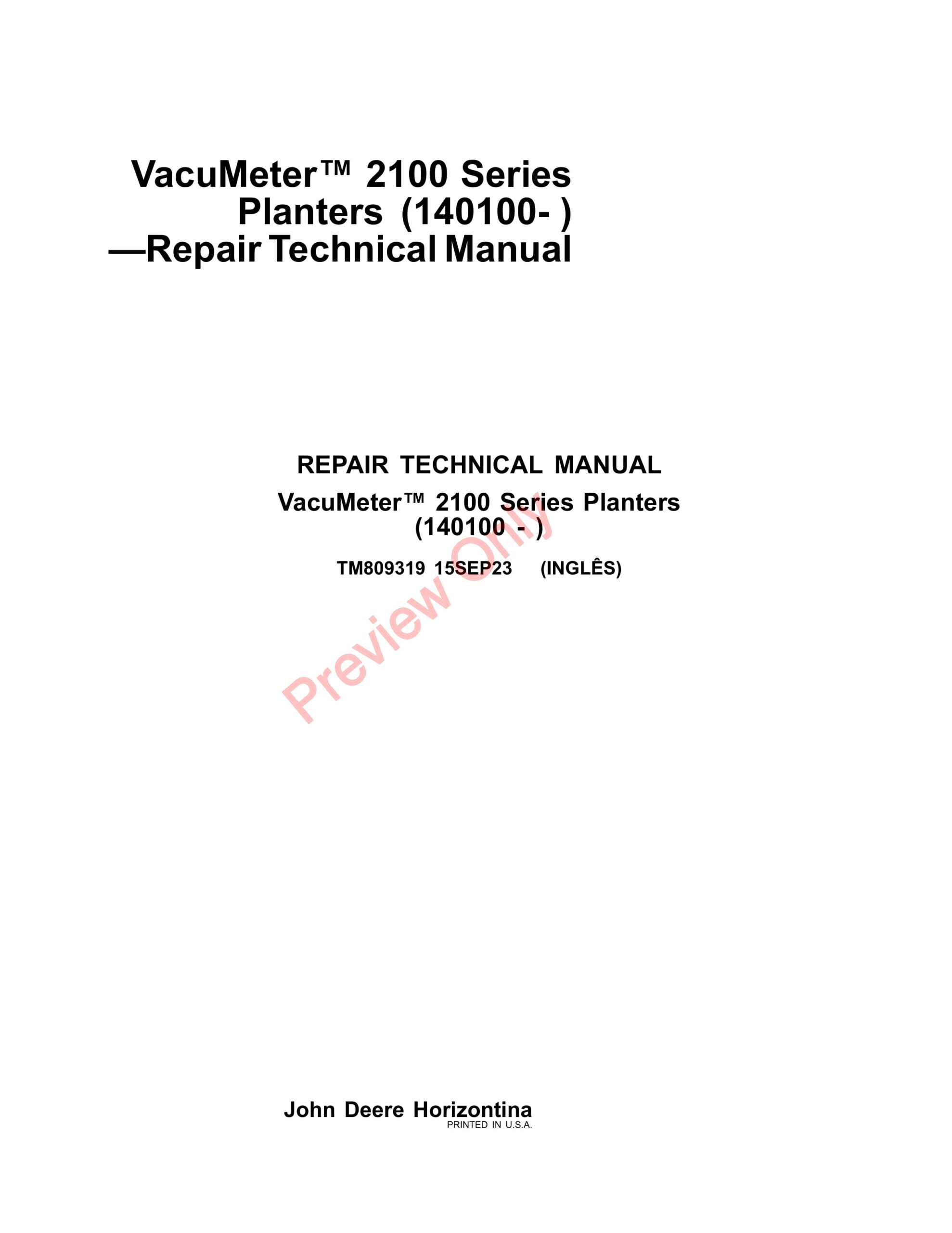 John Deere VacuMeter 2100 Series Planters (140100 -) Repair Technical Manual TM809319 15SEP23-1