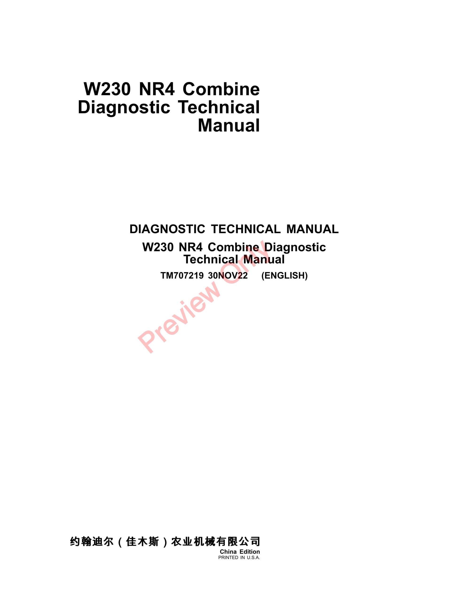 John Deere W230 Combine Diagnostic Technical Manual TM707219 30NOV22-1