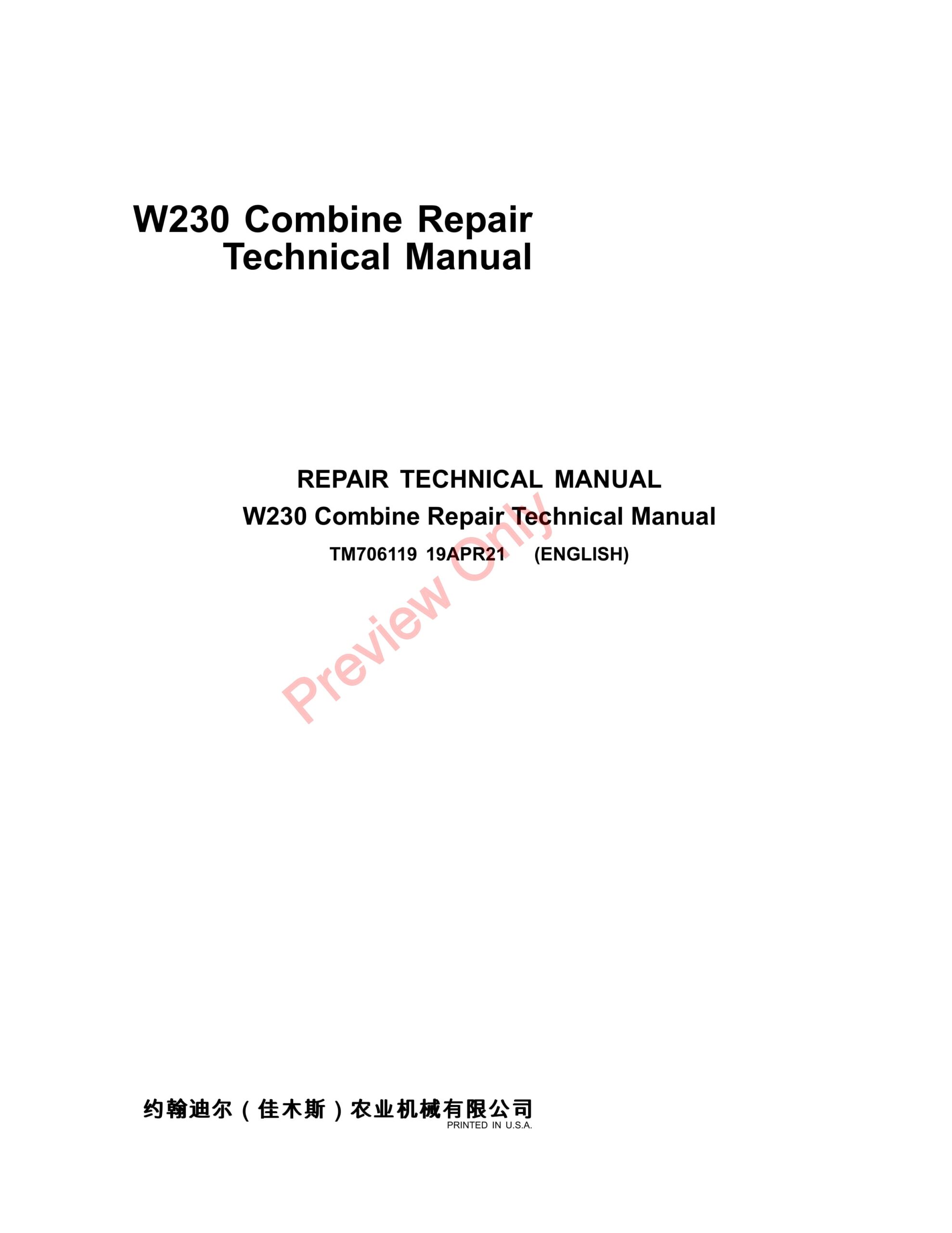 John Deere W230 Combine Repair Technical Manual TM706119 19APR21-1