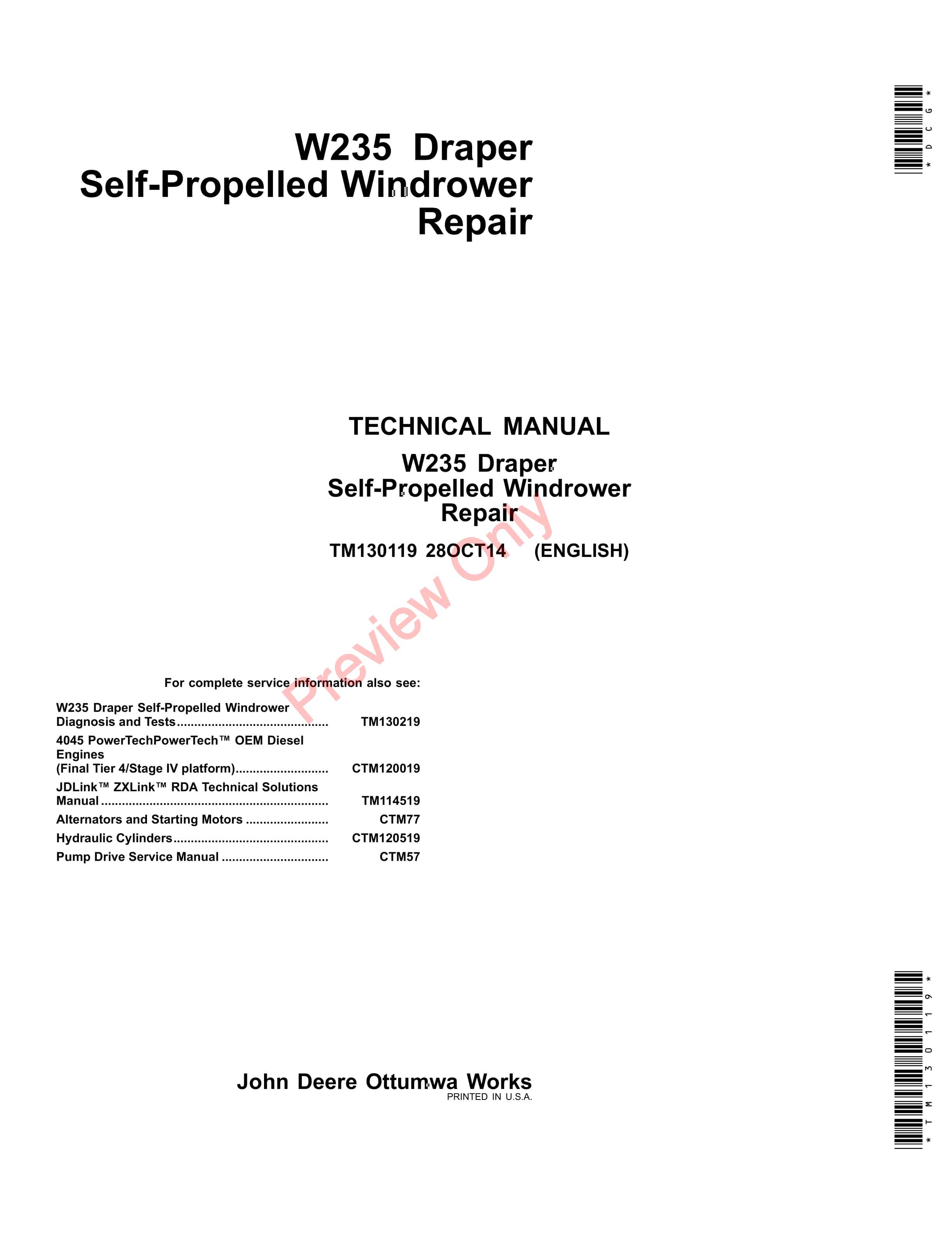 John Deere W235 Draper Self-Propelled Windrower Service Information TM130119 30NOV17-1