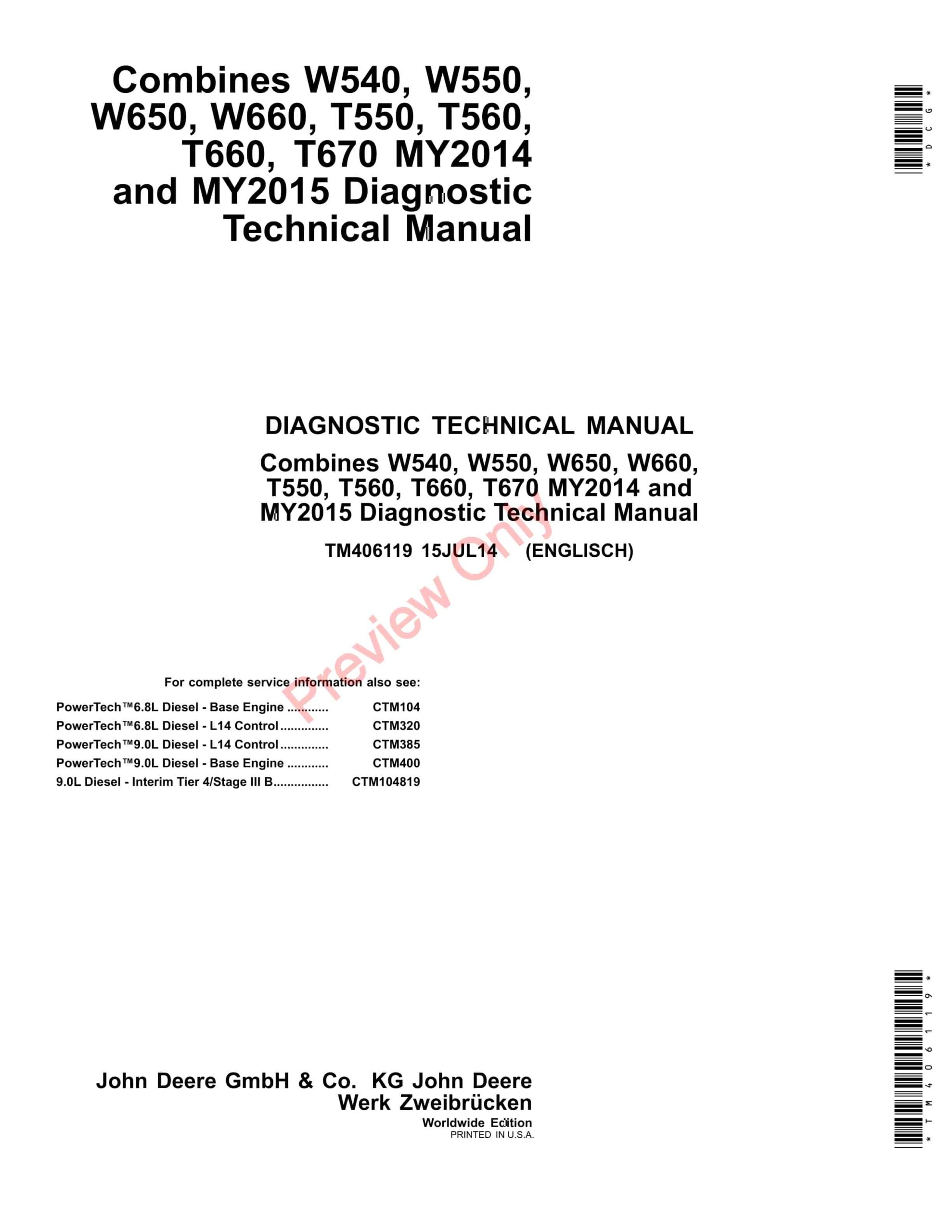 John Deere W540, W550, W650, W660, T550, T560, T660 and T670 Combines Diagnostic Technical Manual TM406119 15JUL14-1