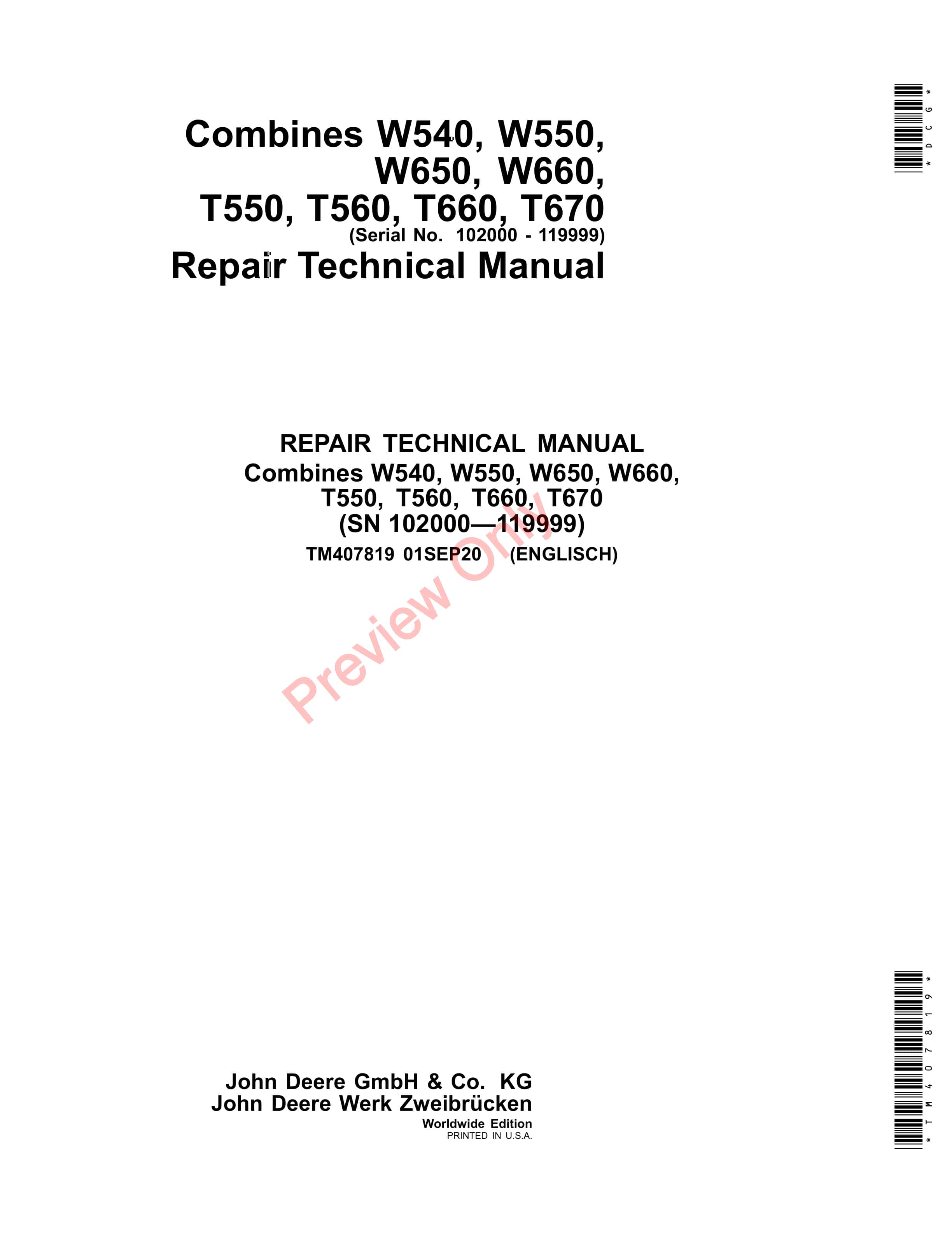 John Deere W540, W550, W650, W660, T550, T560, T660 and T670 (MY2016 Repair Technical Manual TM407819 01SEP20-1