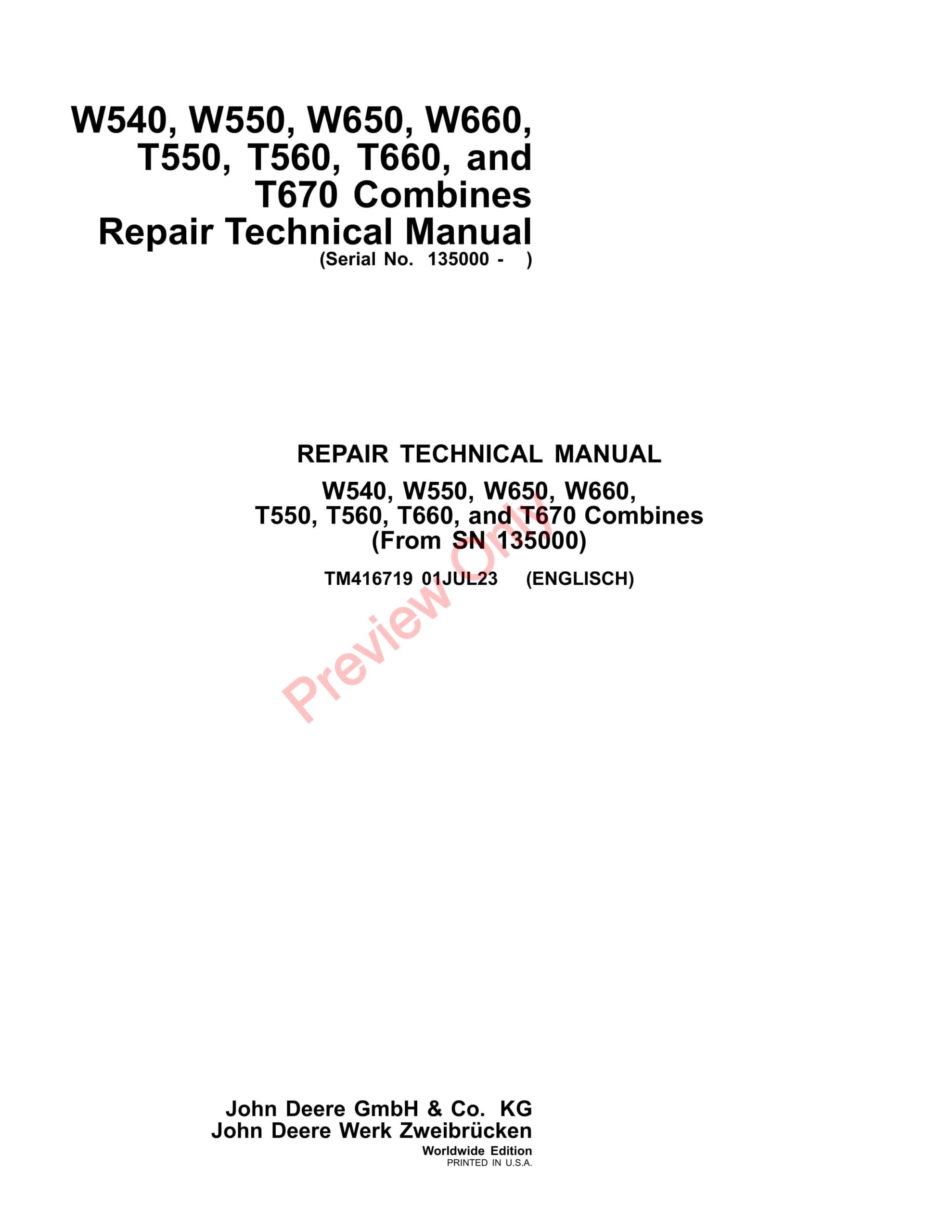 John Deere W540, W550, W650, W660,T550, T560, T660, and T670 Combines Repair Technical Manual TM416719 01JUL23-1
