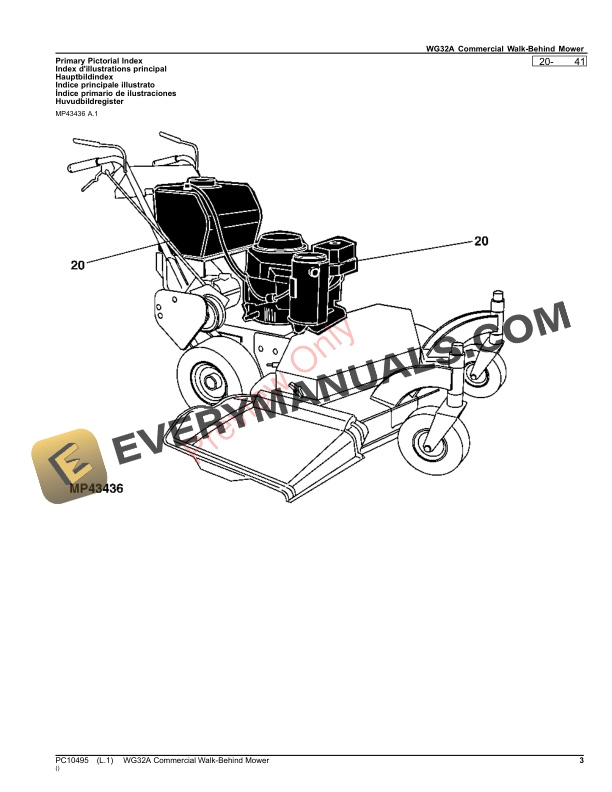 John Deere WG32A Commercial WalkBehind Mower Parts Catalog PC10495 30NOV23