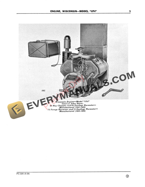 Wisconsin Engine Model As John Deere Wisconsin Engine - Model 'VP4' Parts Catalog PC594 01JUN59