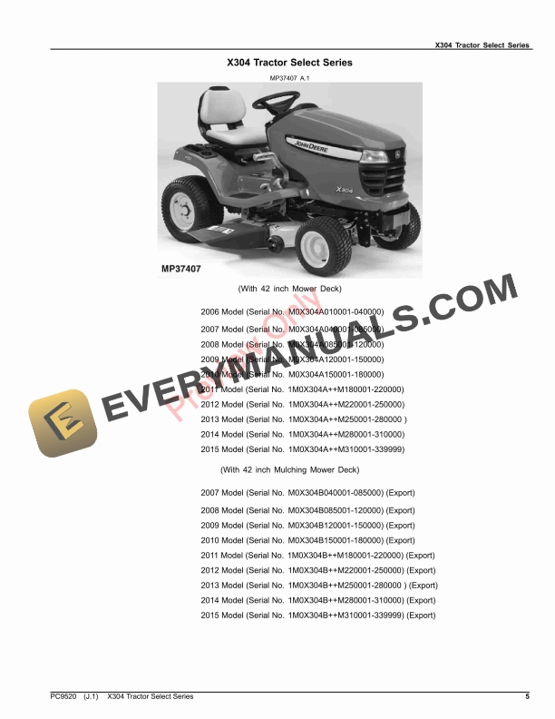 John Deere X304 TRACTOR SELECT SERIES Parts Catalog PC9520 06DEC22