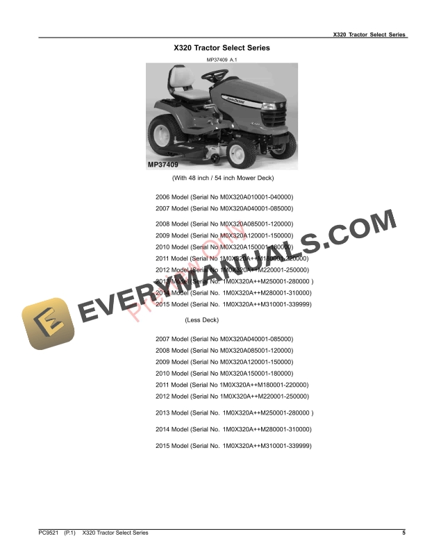 John Deere X320 Tractor Select Series Parts Catalog PC9521 10SEP23