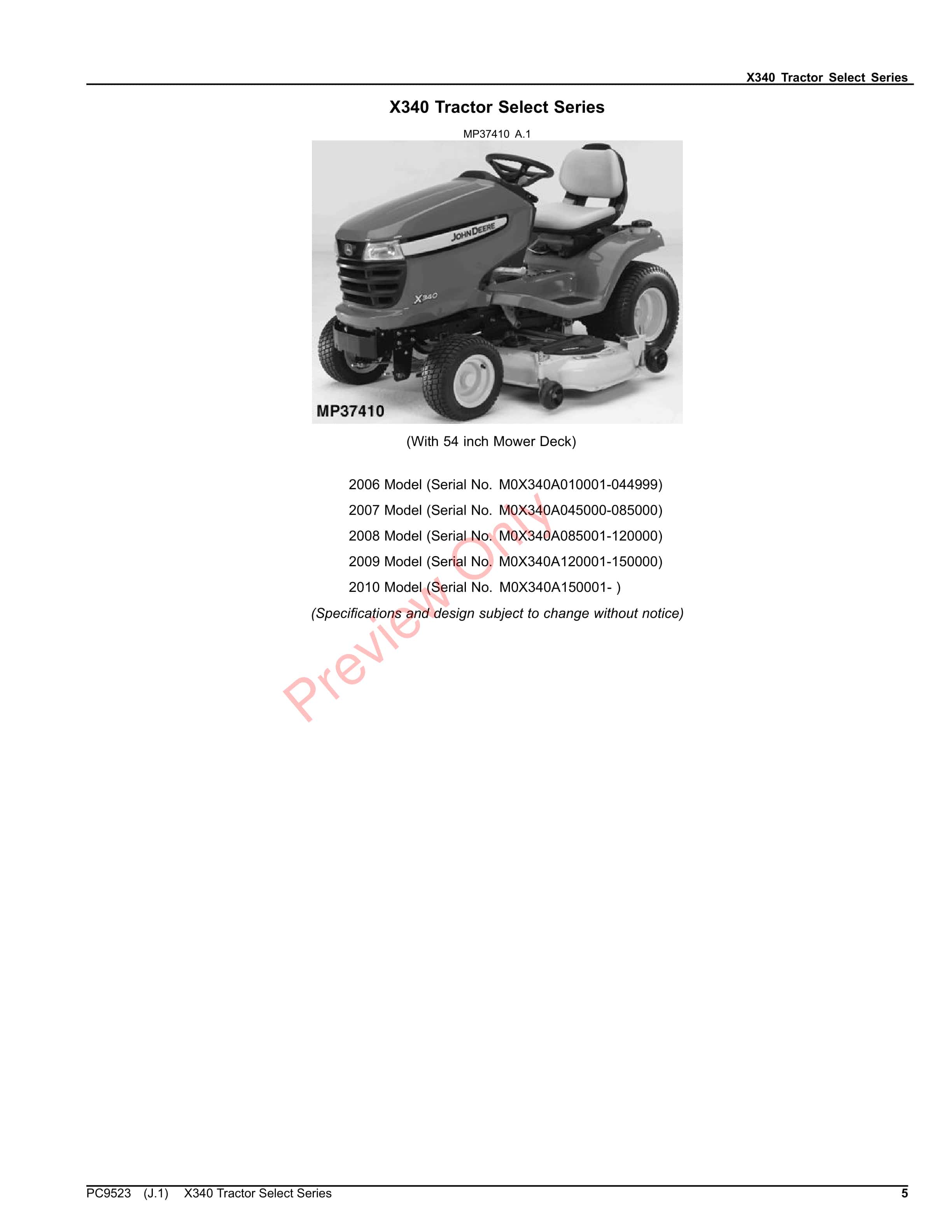 John Deere X340 TRACTOR SELECT SERIES Parts Catalog PC9523 10SEP23-5