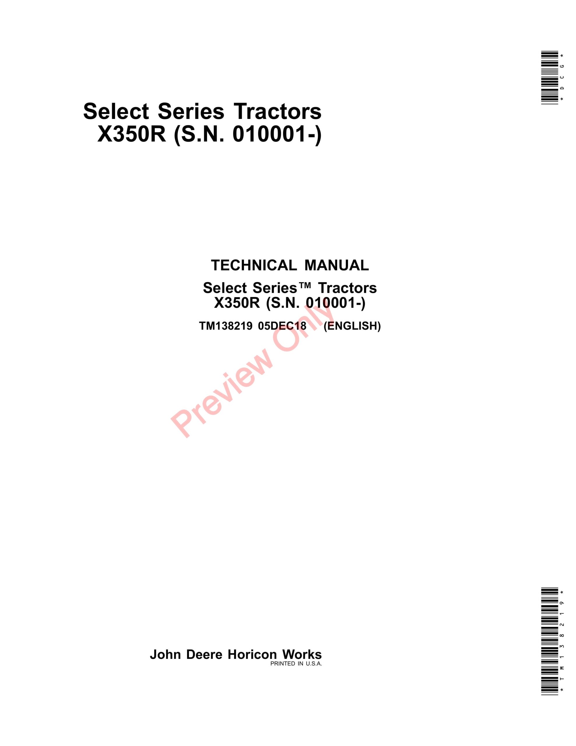 John Deere X350R Select Series Tractors Technical Manual TM138219 15DEC18-1