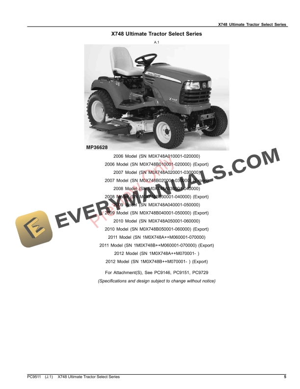 John Deere X748 Ultimate Tractor Select Series Parts Catalog PC9511 28OCT23