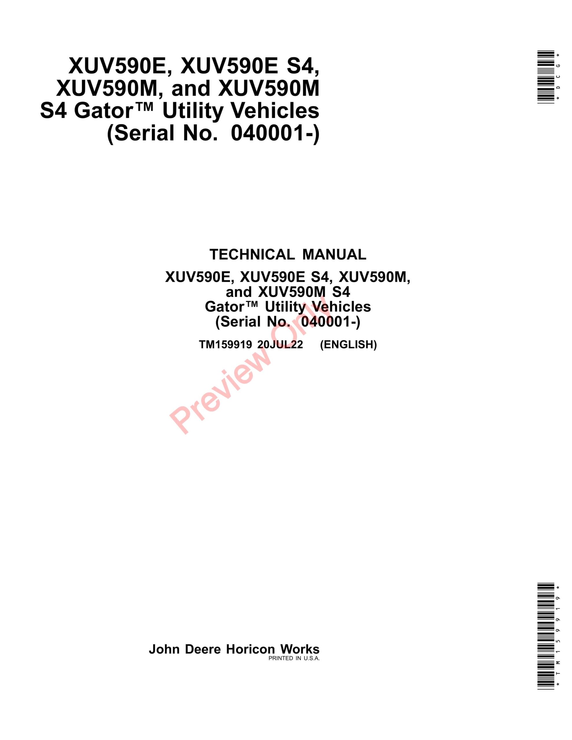 John Deere XUV590E, XUV590E S4, XUV590M, and XUV590M S4 Gator Utility Vehicles (040001 Technical Manual TM159919 20JUL22-1