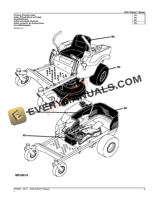 John Deere Z225 EZtrak Mower Parts Catalog PC9593 08SEP23