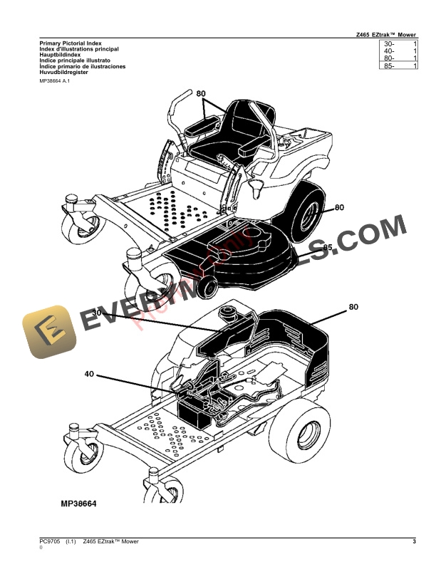John Deere Z465 Eztrak Mower Parts Catalog PC9705 24AUG23