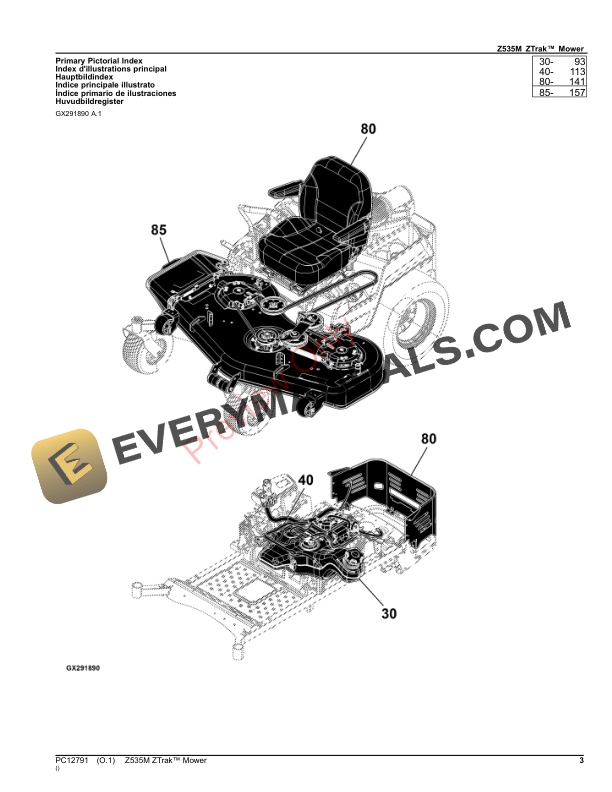 John Deere Z535M ZTrak Mower Parts Catalog PC12791 12NOV23