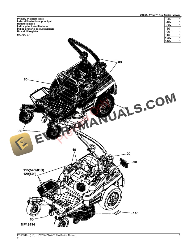 John Deere Z925A ZTrak Pro Series Mower Parts Catalog PC10346 21NOV23