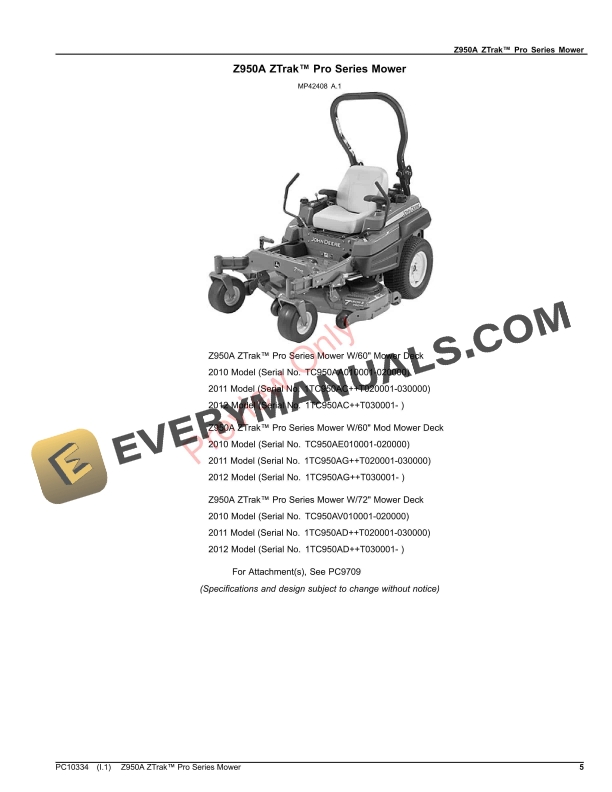 John Deere Z950A ZTrak Pro Series Mower Parts Catalog PC10334 26OCT23