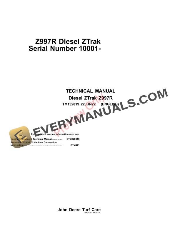 John Deere Z997R Diesel ZTrak Technical Manual TM132819 22JUN22