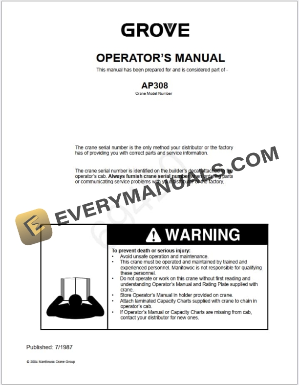Grove AP308 Crane Schematic, Operator, Parts and Service Manual