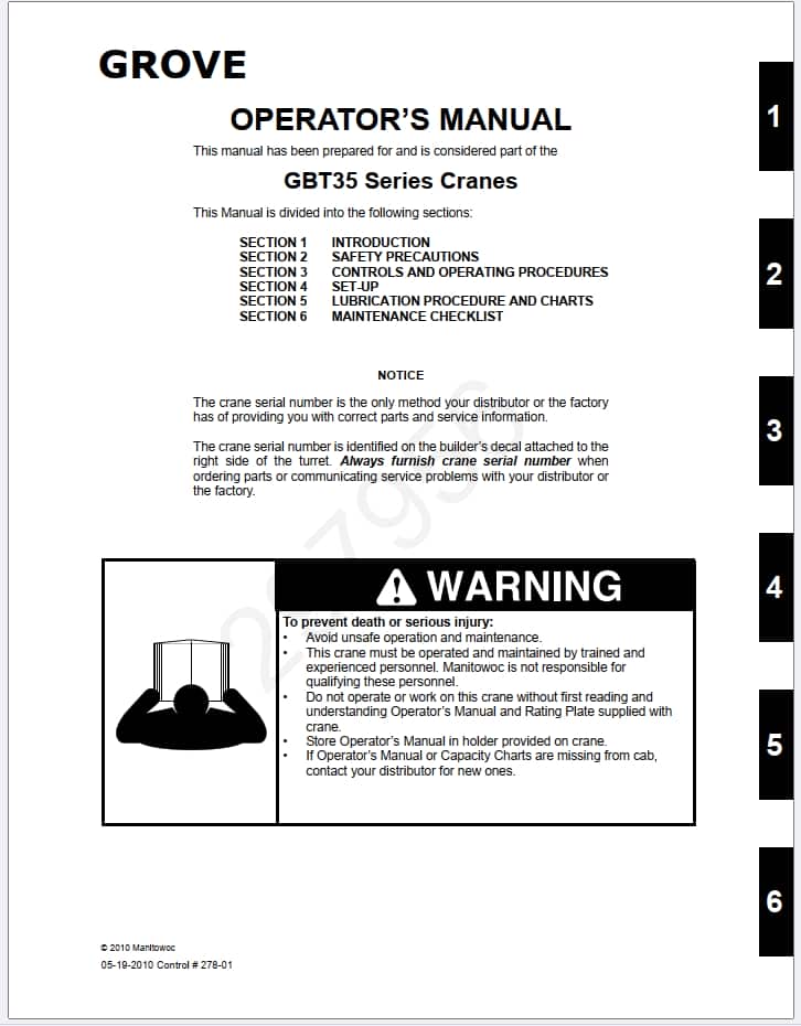 Grove GBT35 Crane Schematic, Operator, Parts and Service Manual