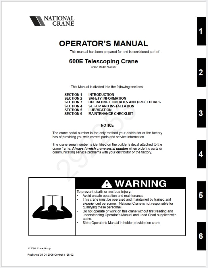 National 600E Crane Schematic, Operator, Parts and Service Manual