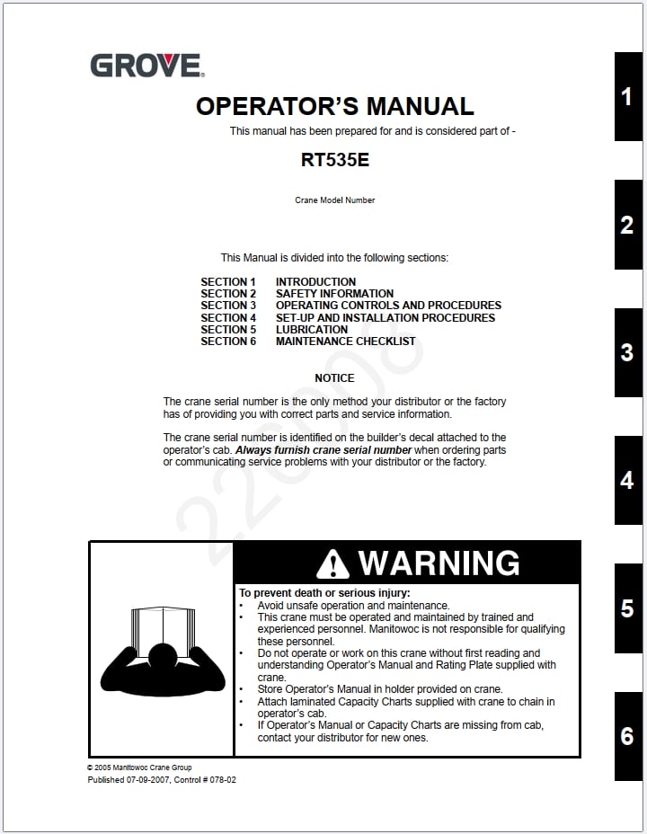 Grove RT535E Crane Schematic, Operator, Parts and Service Manual
