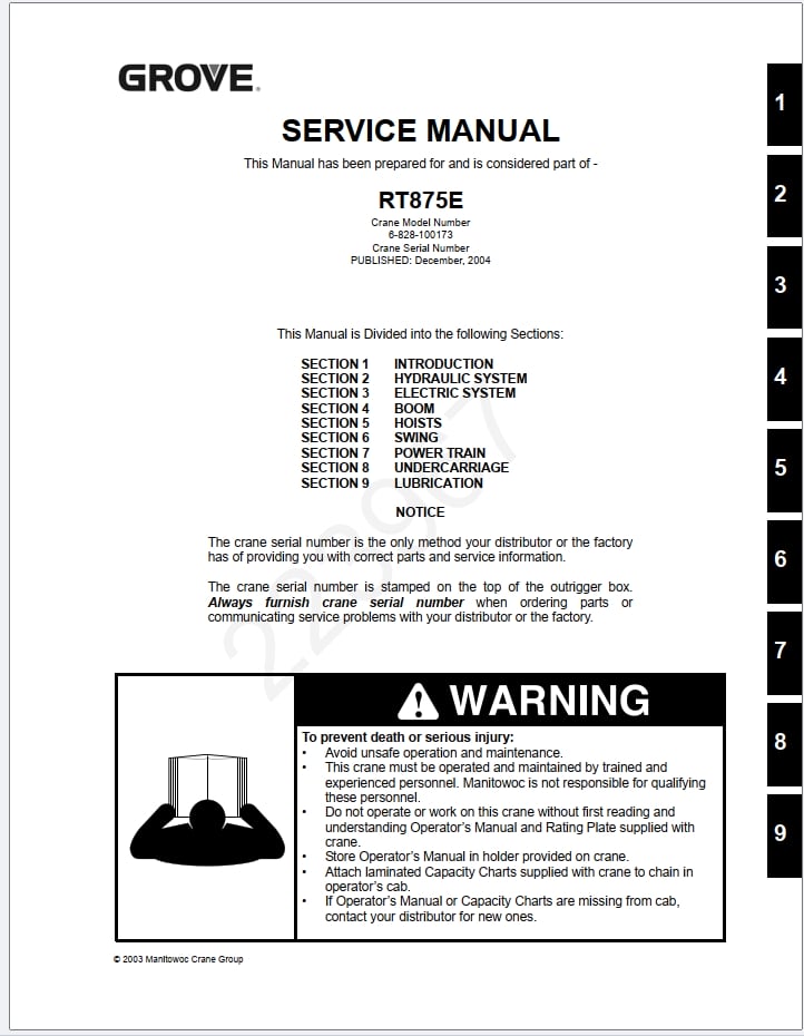 Grove RT875E Crane Schematic, Operator, Parts and Service Manual