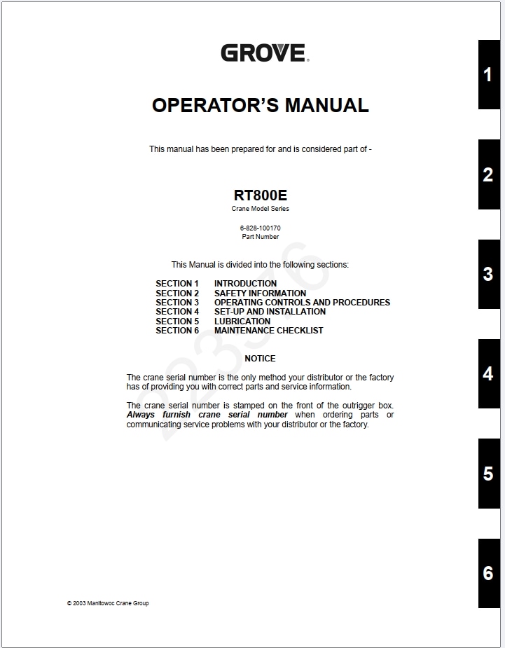 Grove RT880E Crane Schematic, Operator, Parts and Service Manual