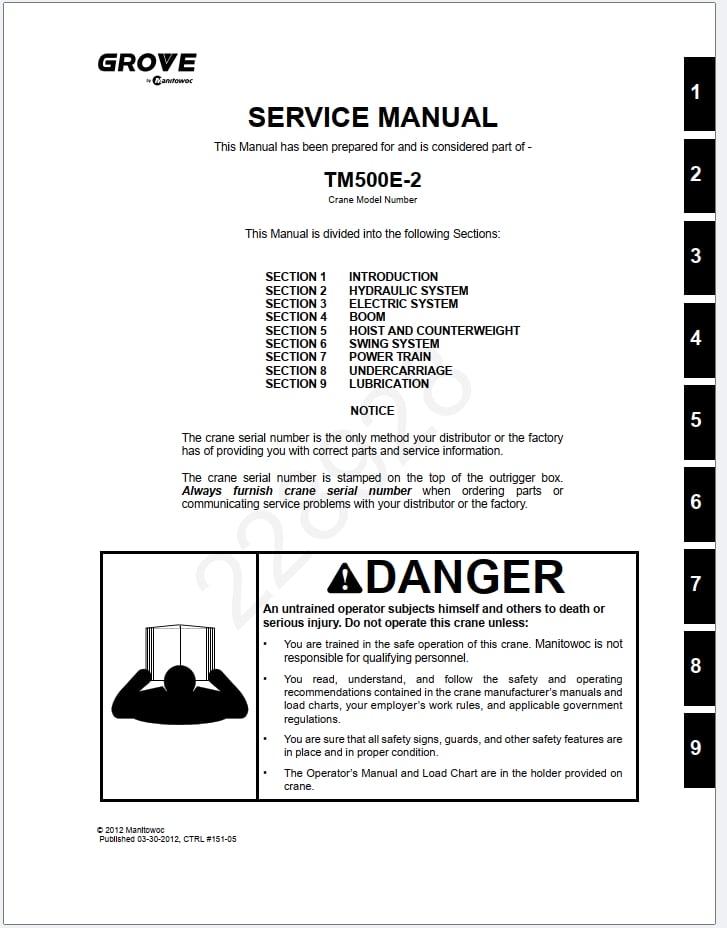 Grove TM500E-2 Crane Schematic, Operator, Parts and Service Manual