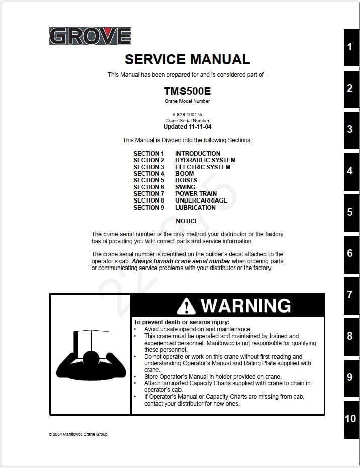 Grove TMS500E Crane Schematic, Operator, Parts and Service Manual