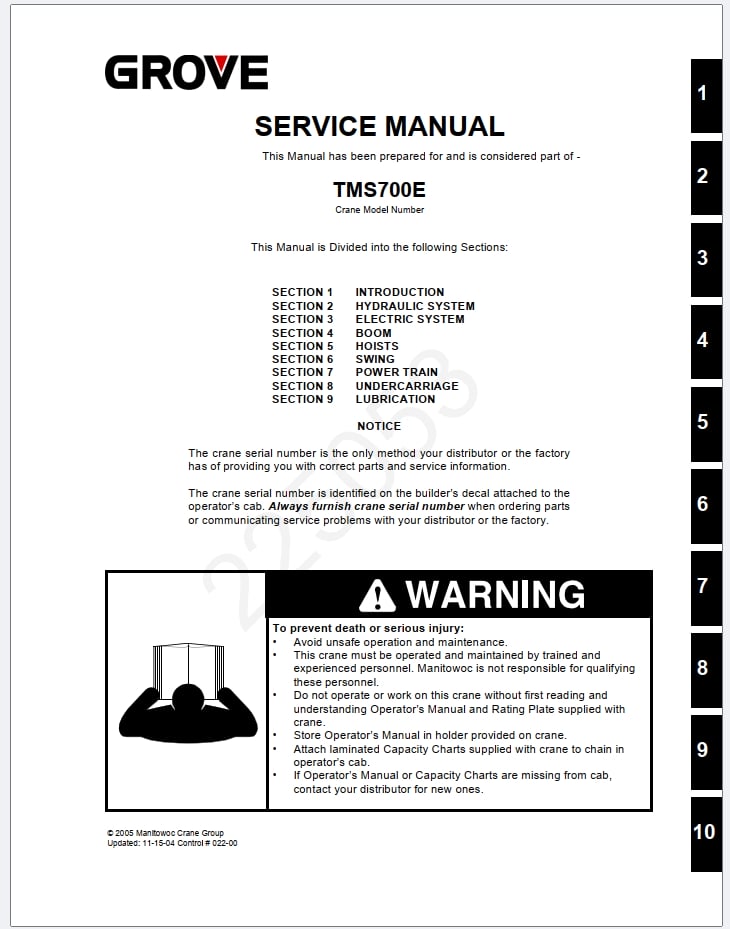 Grove TMS750E Crane Schematic, Operator, Parts and Service Manual