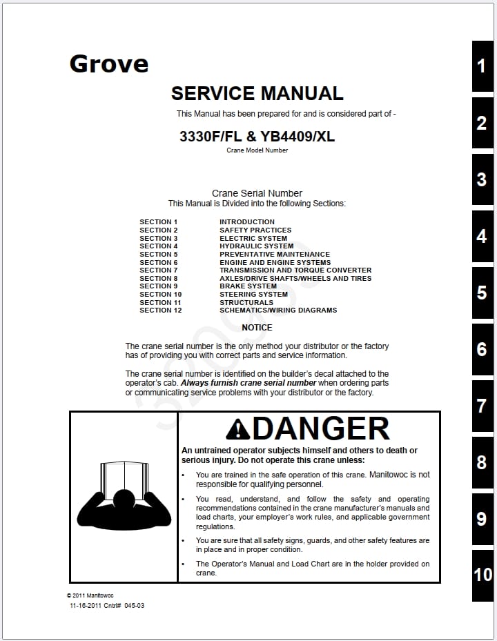 Grove YB4409XL Crane Schematic, Operator, Parts and Service Manual