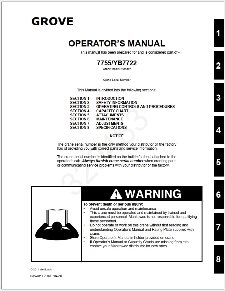 Grove YB7722XL Crane Schematic, Operator, Parts and Service Manual