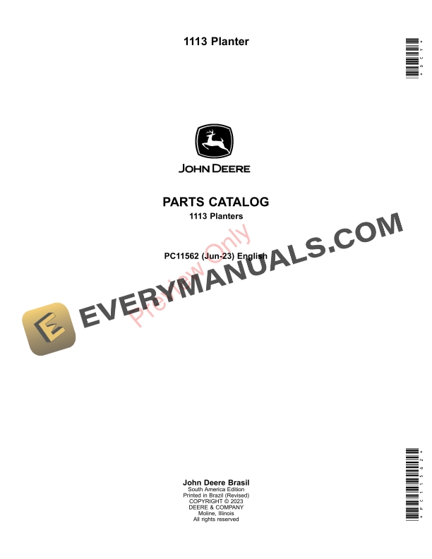 John Deere 1113 Planter Parts Catalog PC11562 10JUN23